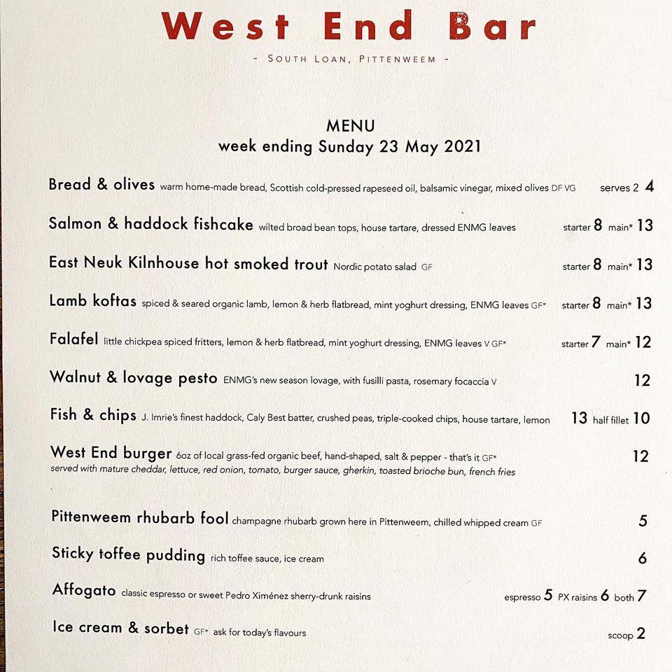 Menu at West End Bar, Pittenweem