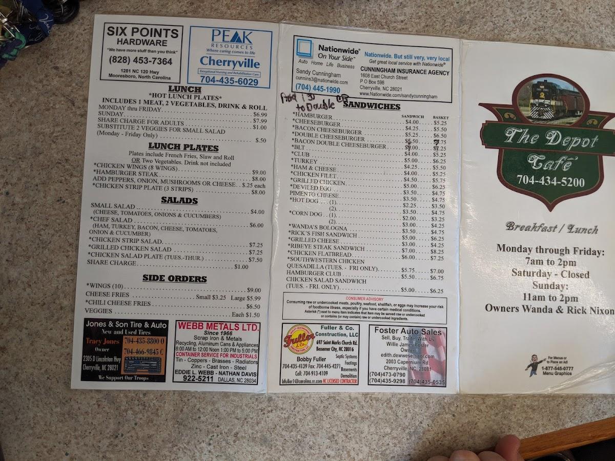Menu at Depot Cafe, Lattimore