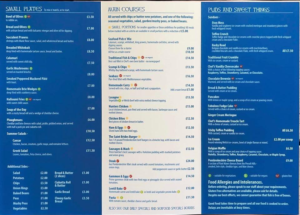 Menu at St. Brides Inn pub & bar, Little Haven