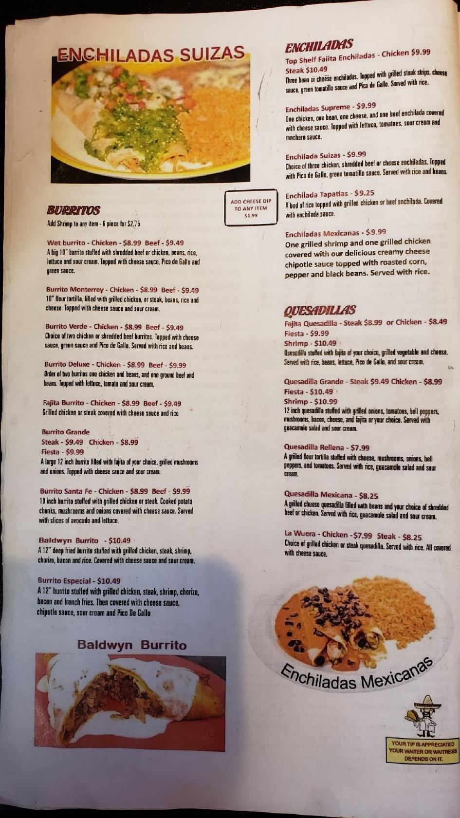 Menu at Piñata Mexican Grill restaurant, Baldwyn
