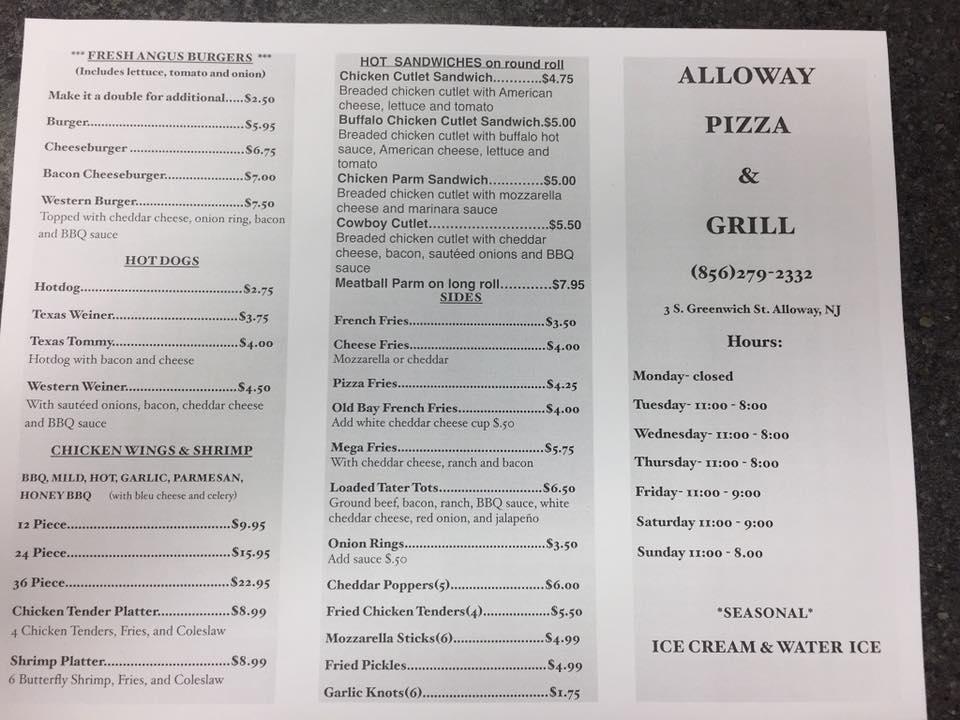 Menu at Alloway Pizza and Grill restaurant, USA