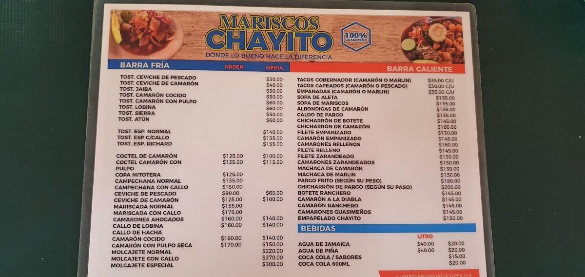 Carta del restaurante Mariscos Chayito, Guasave