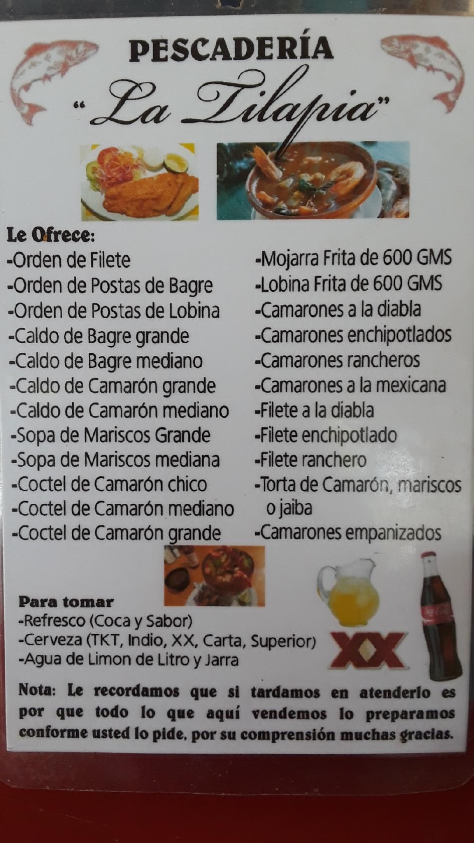 Menu at Mariscos La Tilapia restaurant, Xicoténcatl