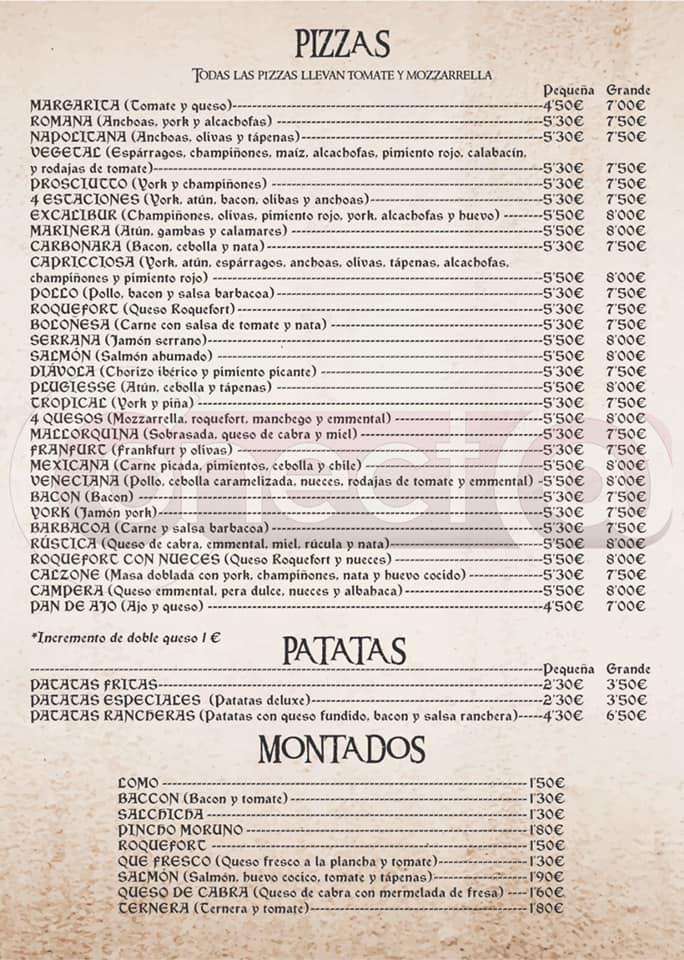 Menu at Pizzería Excalibur, Alhama de Murcia