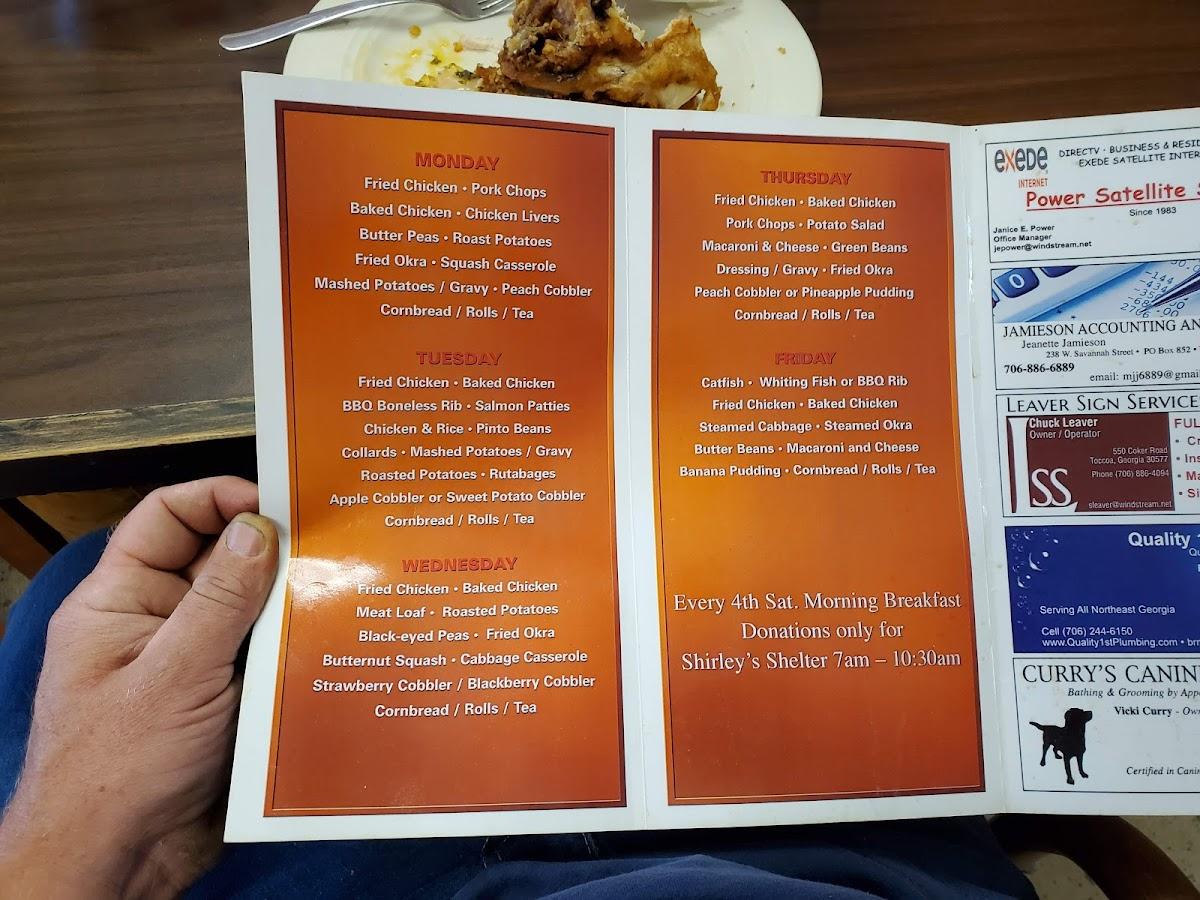 Menu at Shirley's Soul Food Cafe, Toccoa