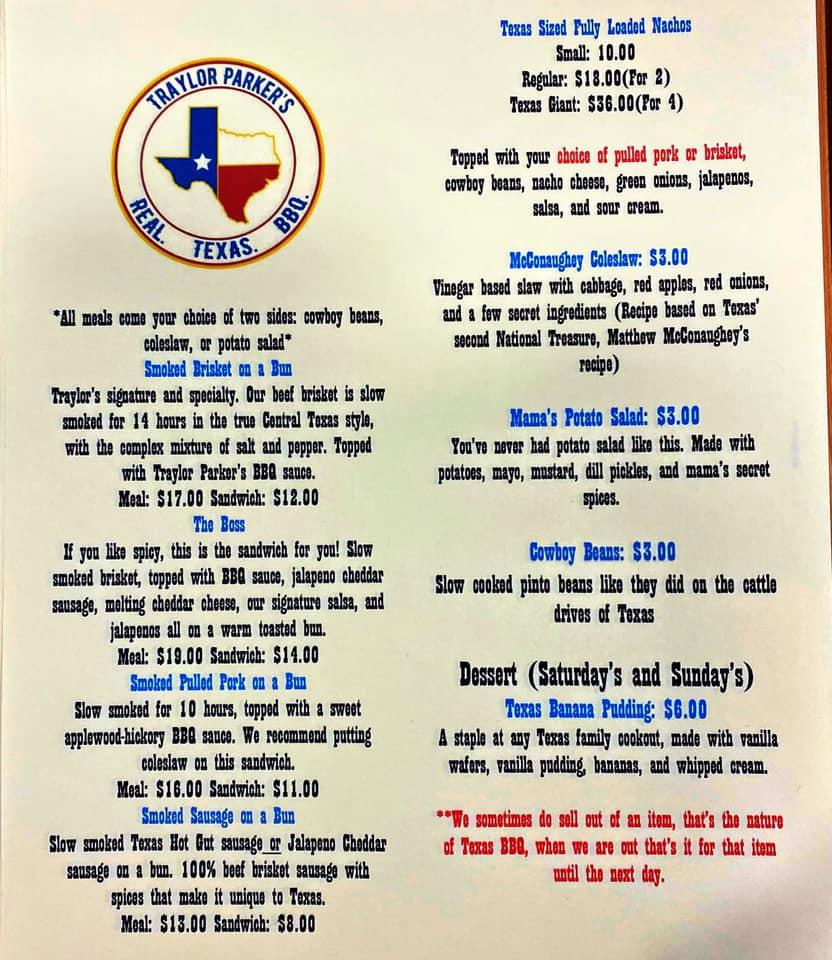 Menu at Traylor Parker's Real Texas BBQ, ChathamKent