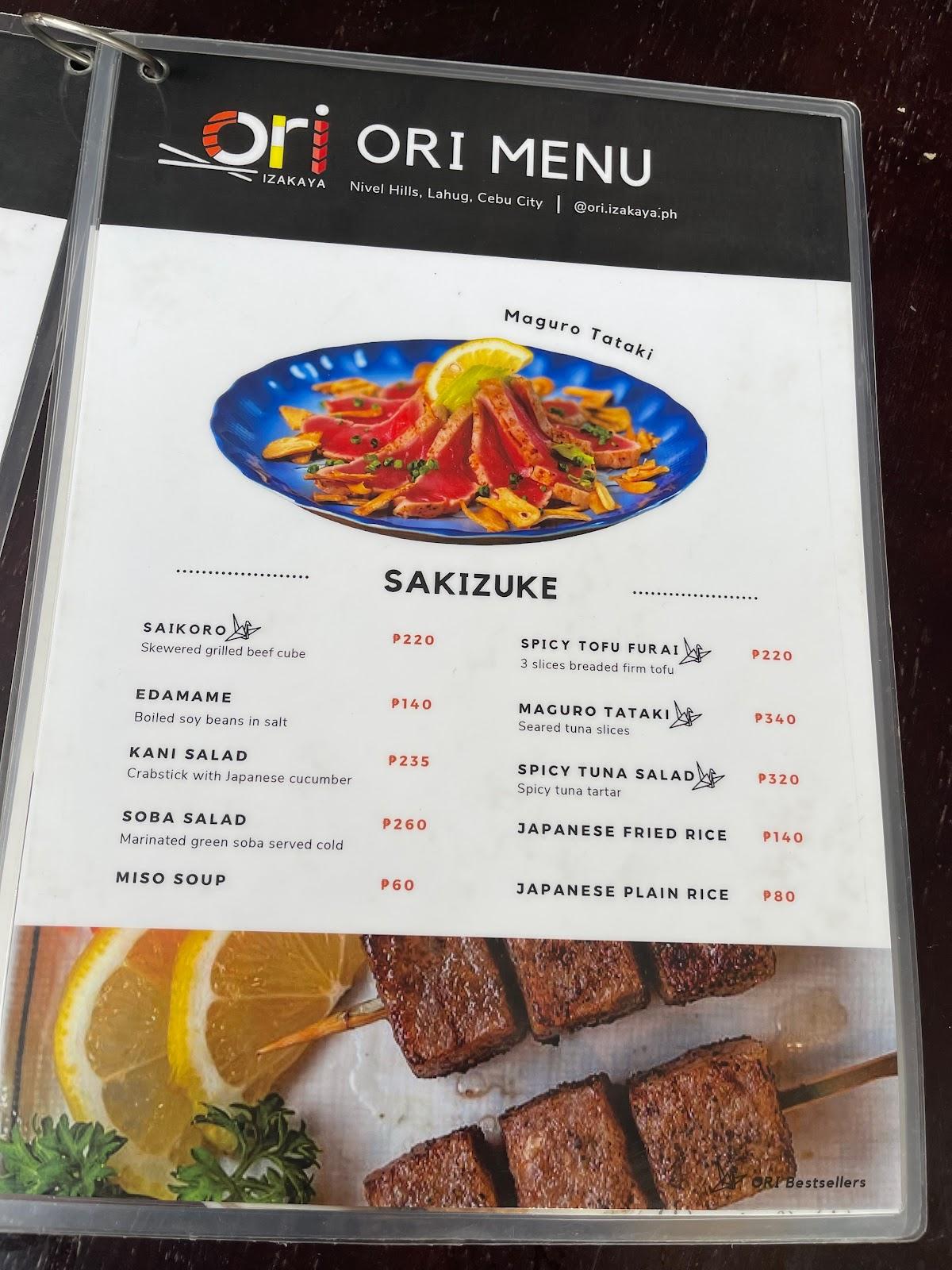 Menu at Ori Izakaya restaurant, Cebu City
