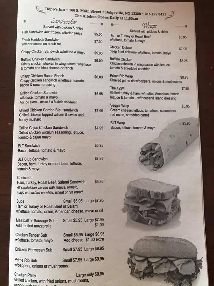 Menu at Dopp's Inn restaurant, Dolgeville