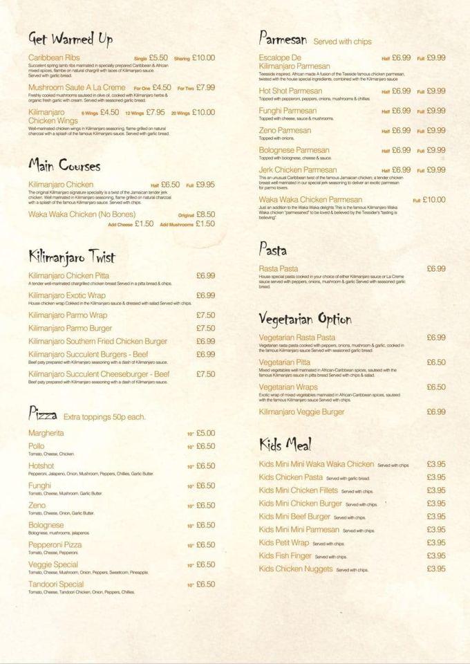 Menu at Kilimanjaro restaurant, Stockton-on-Tees, 76A Yarm Ln