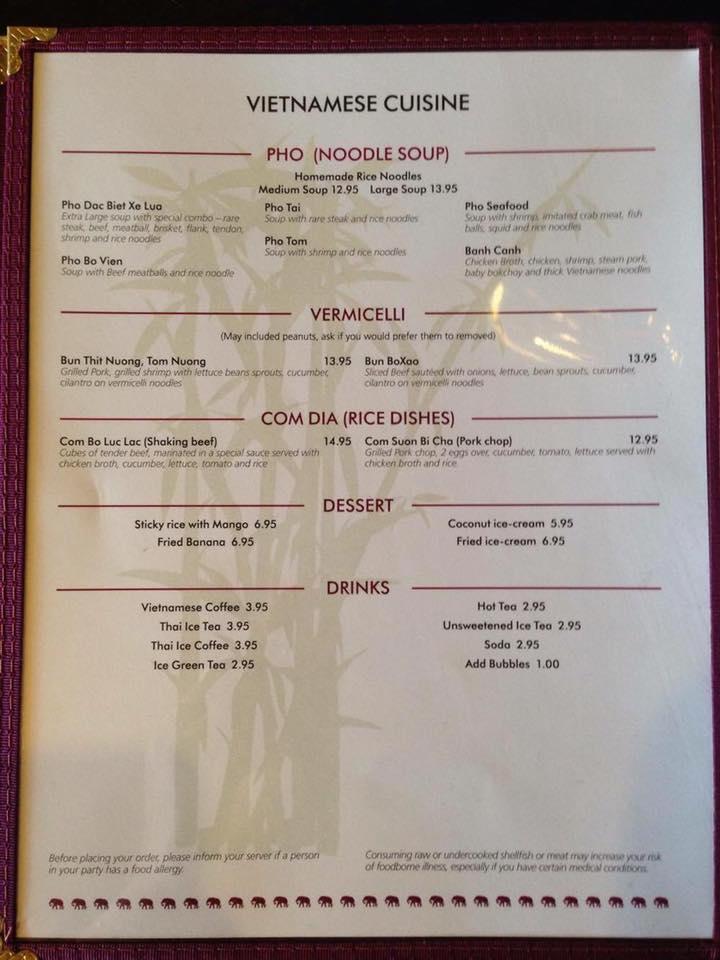 Menu at Vong's Thai Cuisine restaurant, Pittsfield