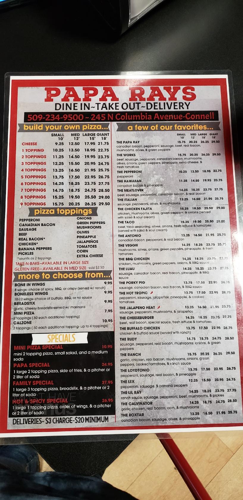 Menu at Papa Ray's pizzeria, Connell