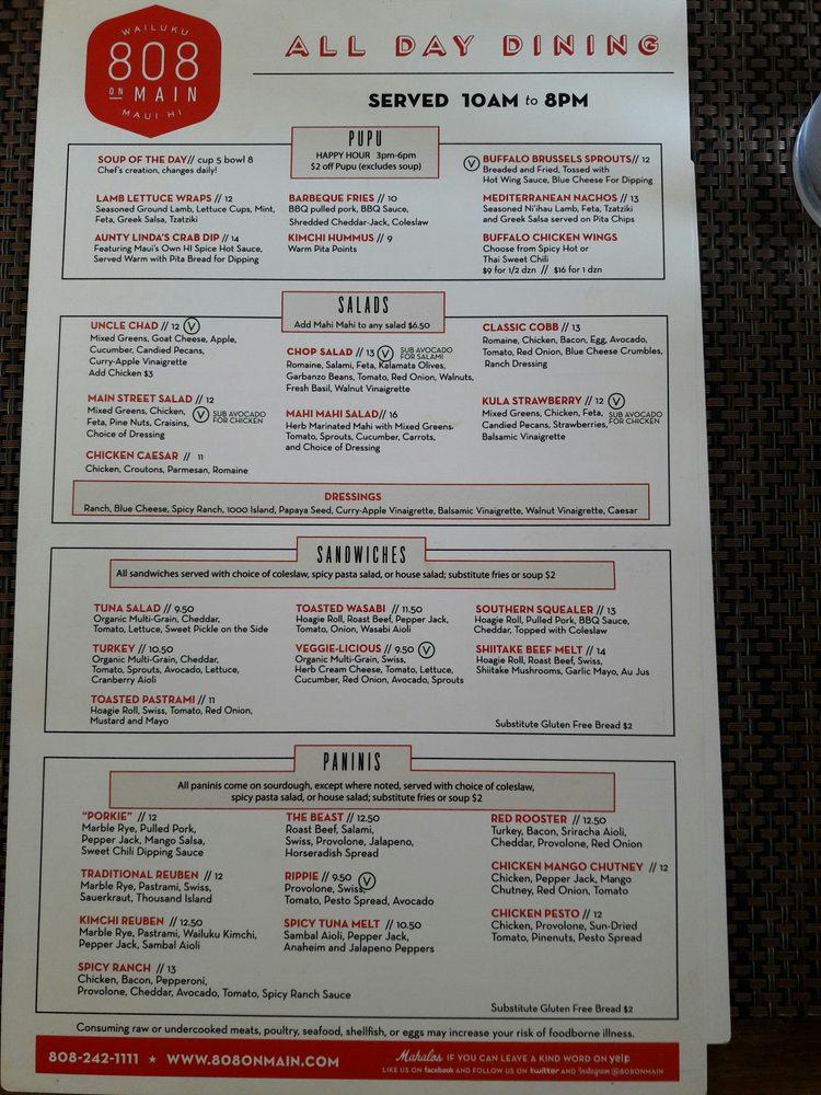 Menu at 808 on Main pub & bar, Wailuku