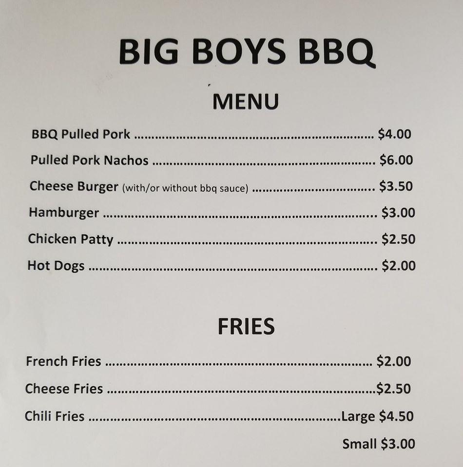 Menu at Big Boys Barbeque, Franklin
