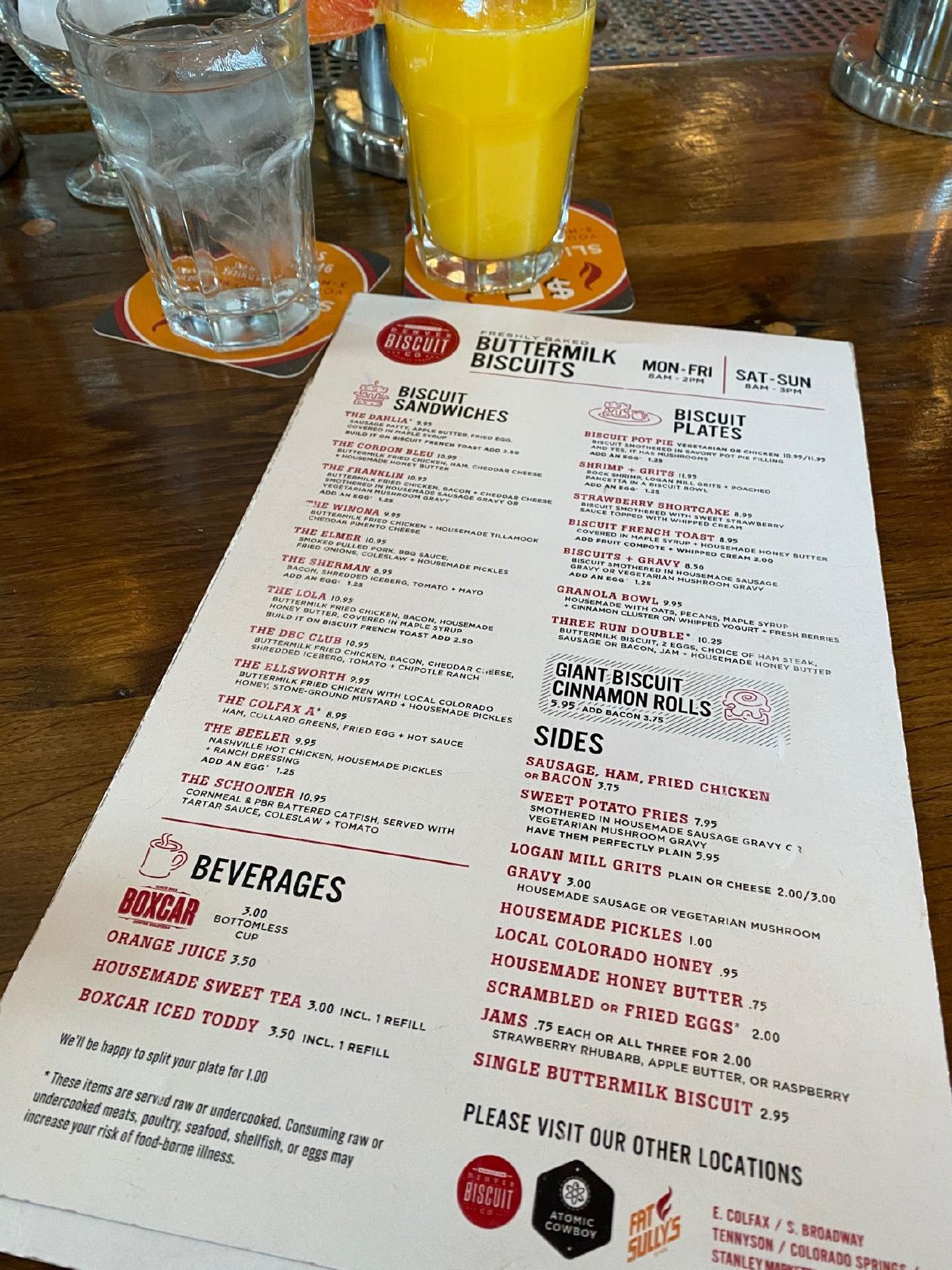 Menu at Denver Biscuit CompanyTennyson restaurant, Denver, Tennyson St