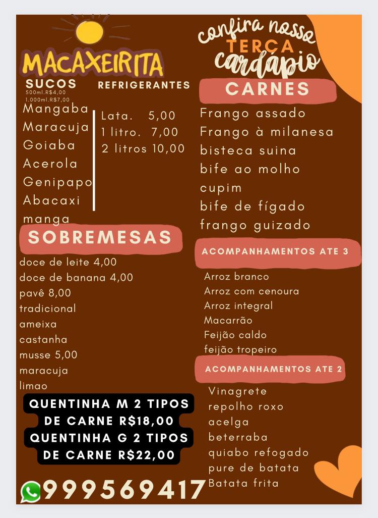 Macaxeirita comida a kilo cardápio
