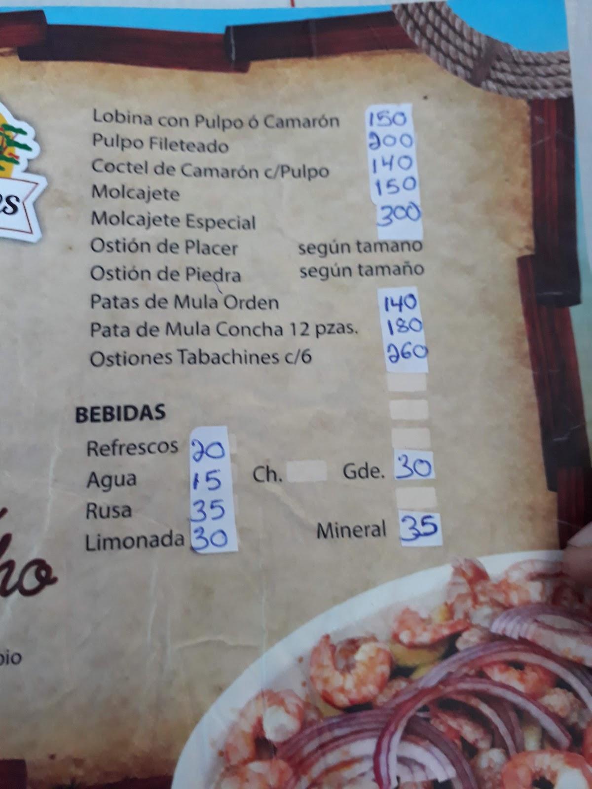 Menu at Mariscos Los Tabachines de Don Juan restaurant, Culiacán