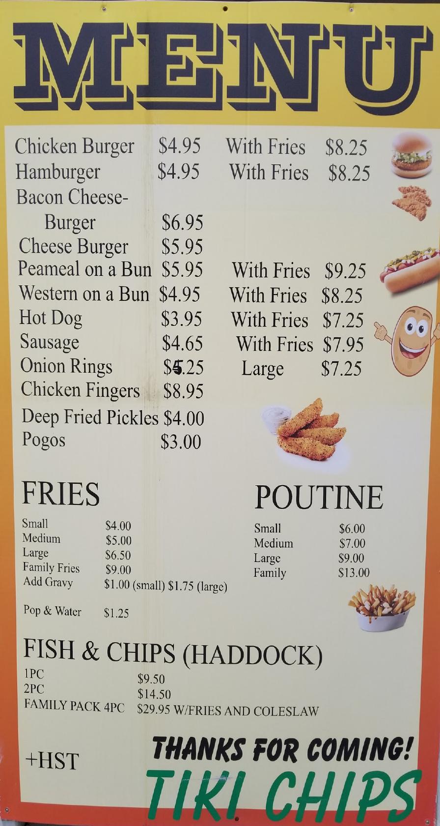 Menu at Tiki Chips restaurant, Barrie
