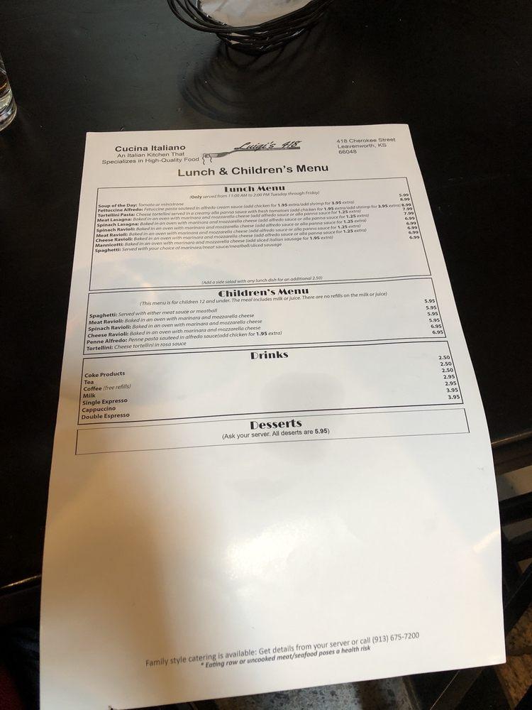 Menu at Luigi's 418/Mario’s Pizzeria & Gelato, Leavenworth