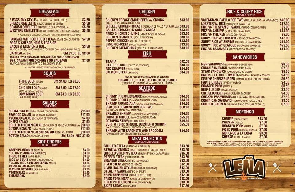 Menu at Lena Dominican Restuarant steakhouse, Elmont