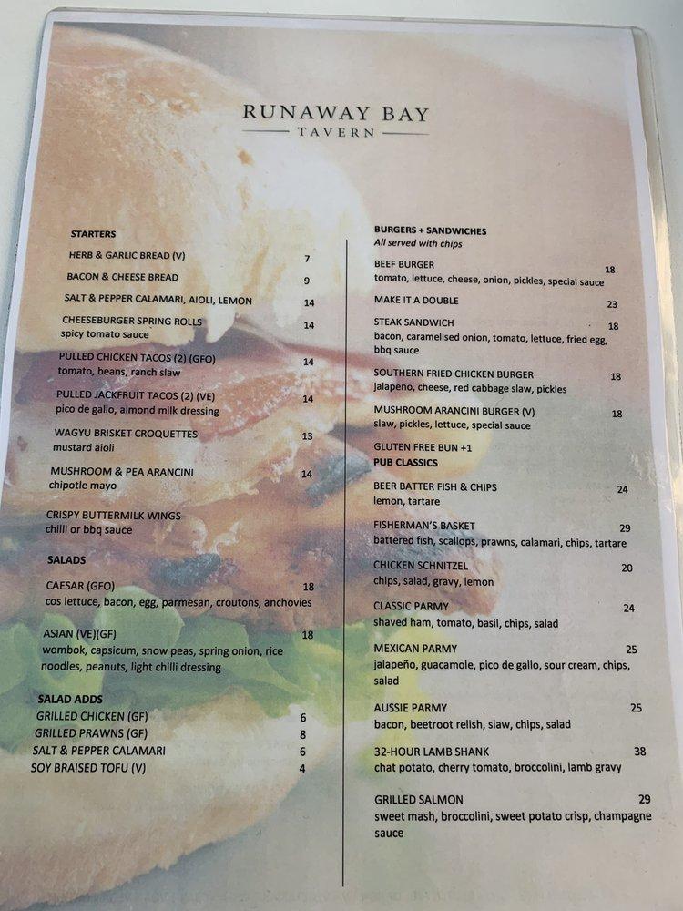 Menu at Runaway Bay Tavern restaurant, Runaway Bay, 1012 Lae Dr