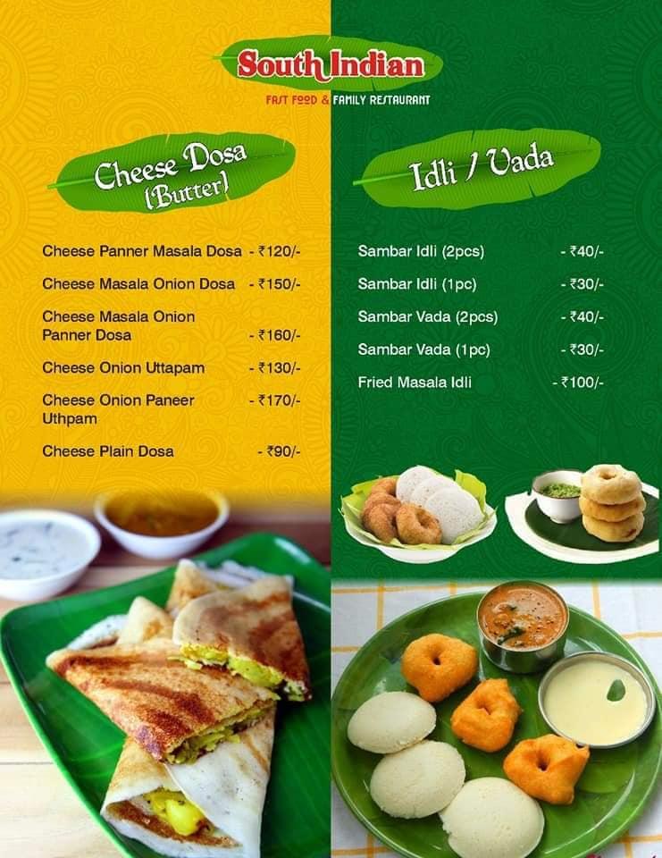 South Indian fast food menu