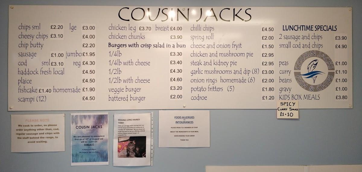 Menu at Cousin Jack's Fish and Chips restaurant, Camborne