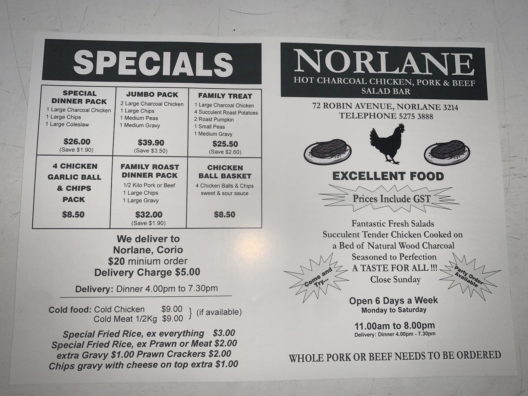 Menu at Norlane Hot Charcoal Chicken restaurant, Norlane