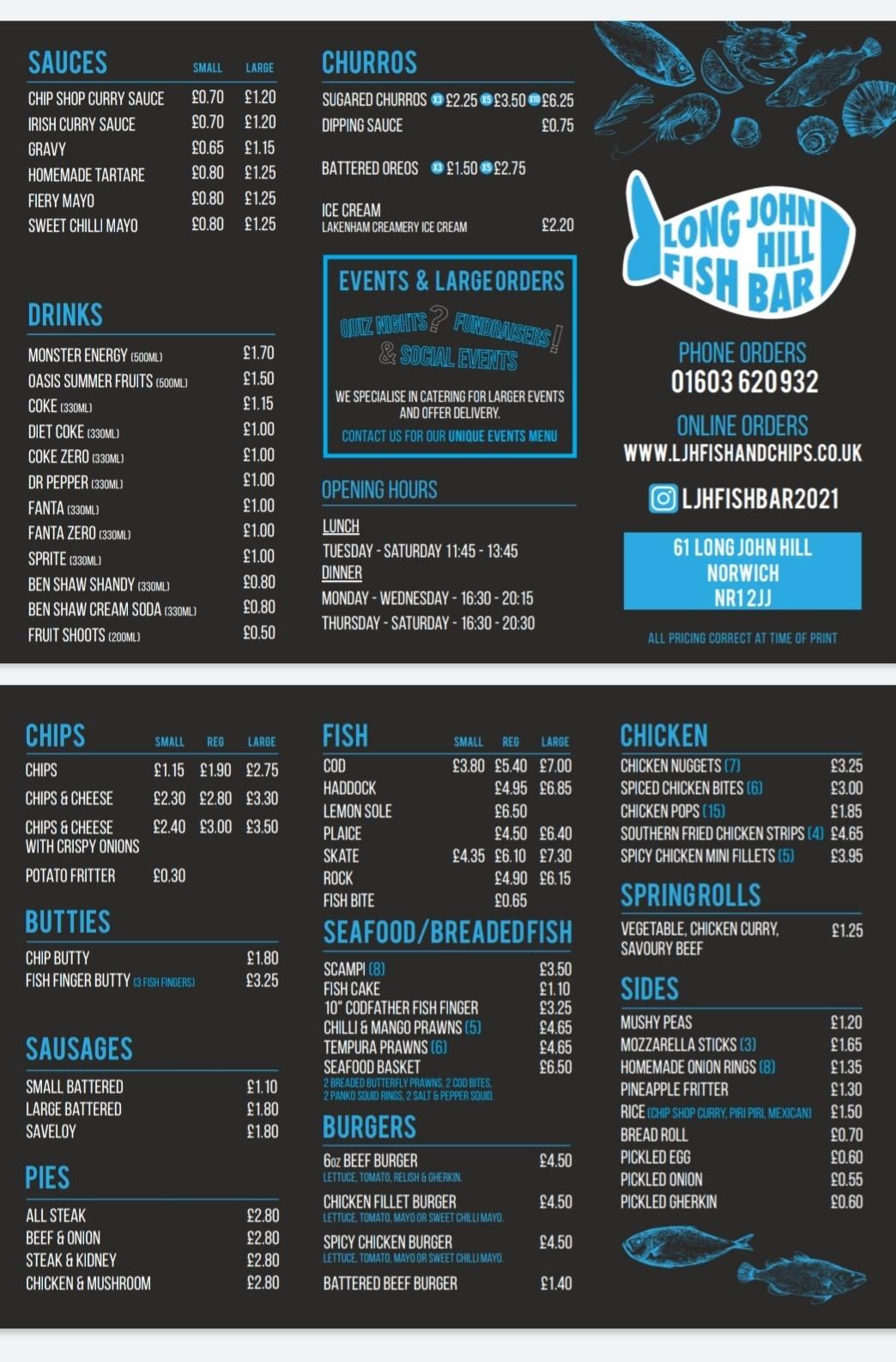 Menu at Long John Hill Fish Bar, Norwich