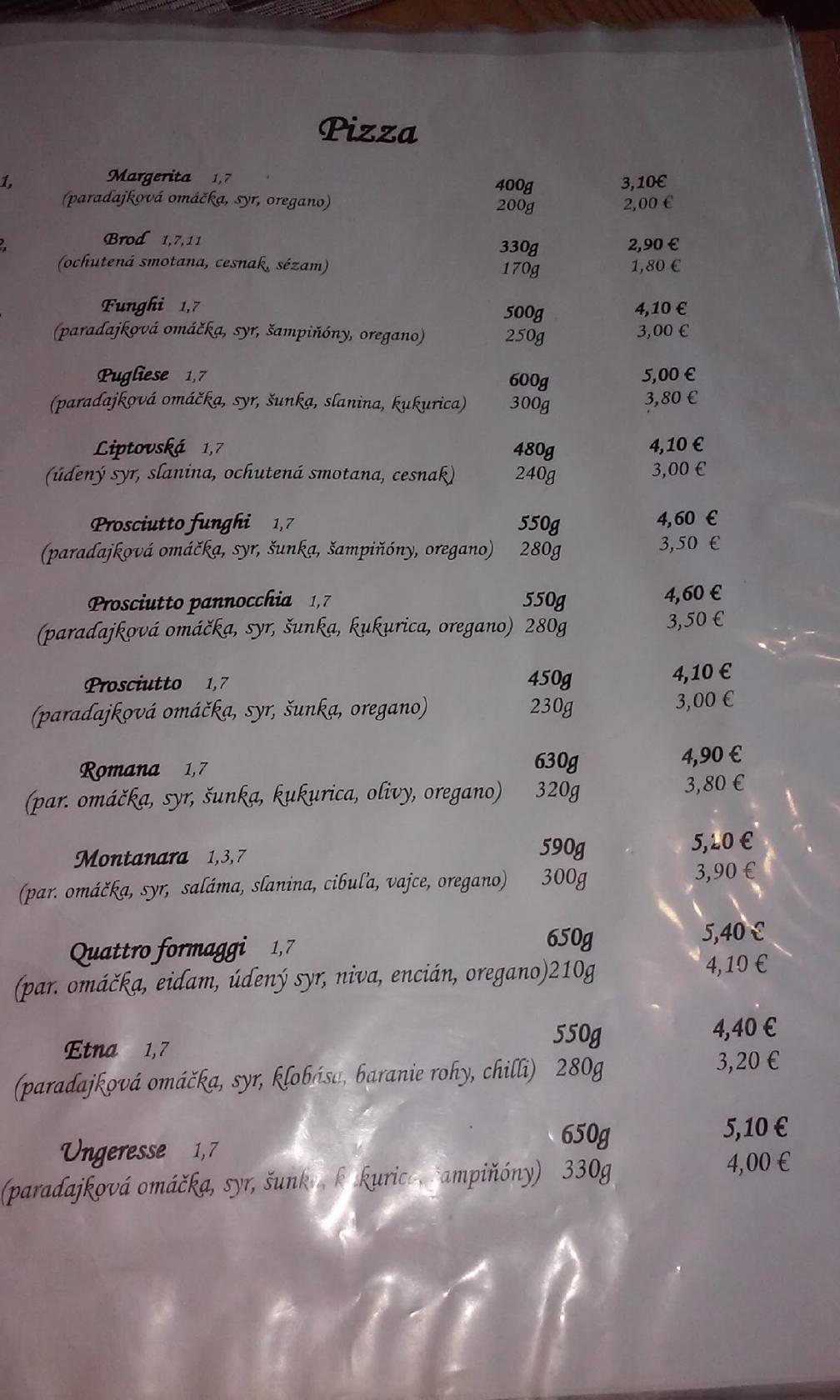 Menu at Pizzeria Laguna, Nemšová