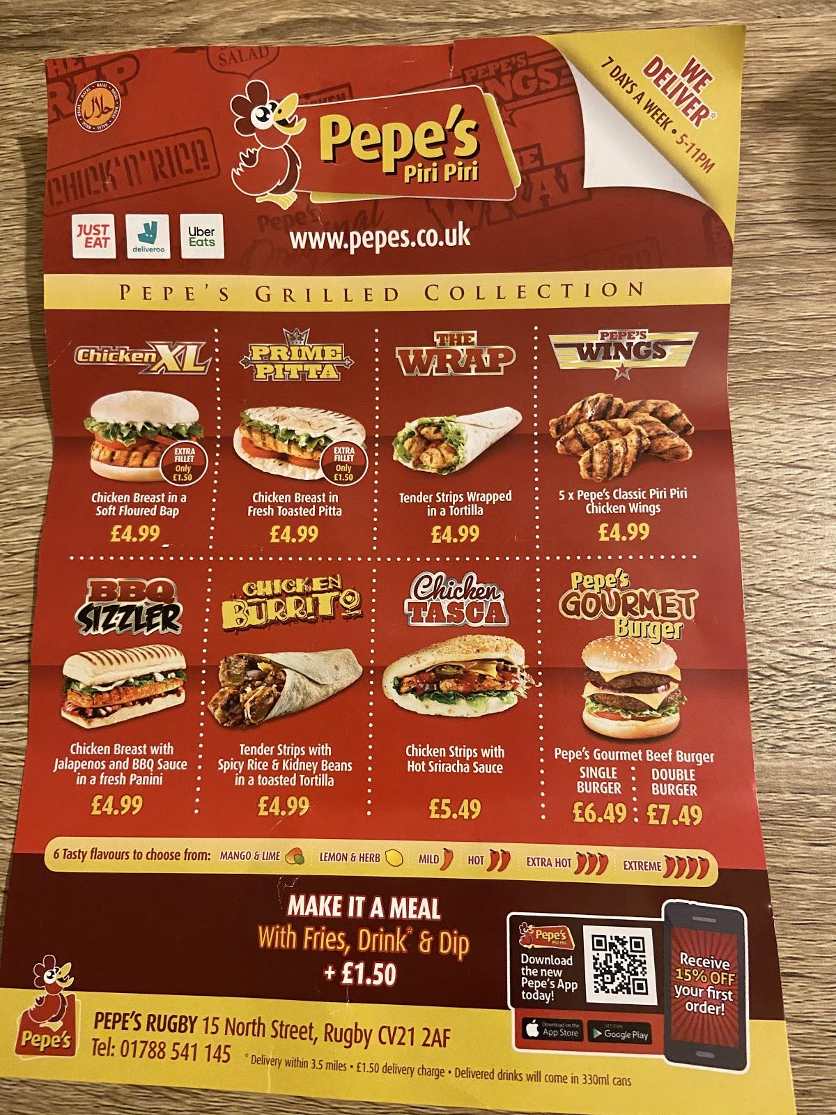 Menu at Pepe's restaurant, Rugby