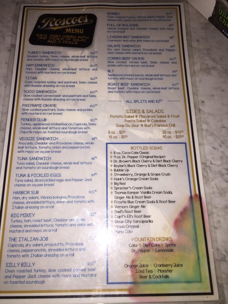 Menu at Roscoe's Famous Deli restaurant, Fullerton