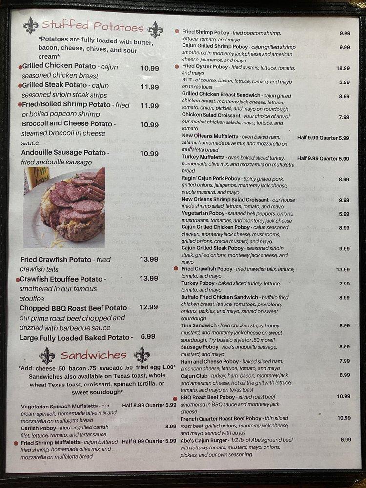 Menu at Abe's Cajun Market restaurant, Houston