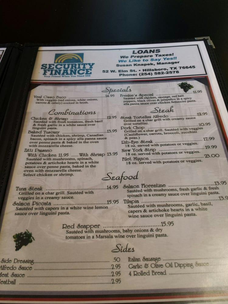 Menu at Frenkie's Pasta & Pizza pizzeria, Hillsboro