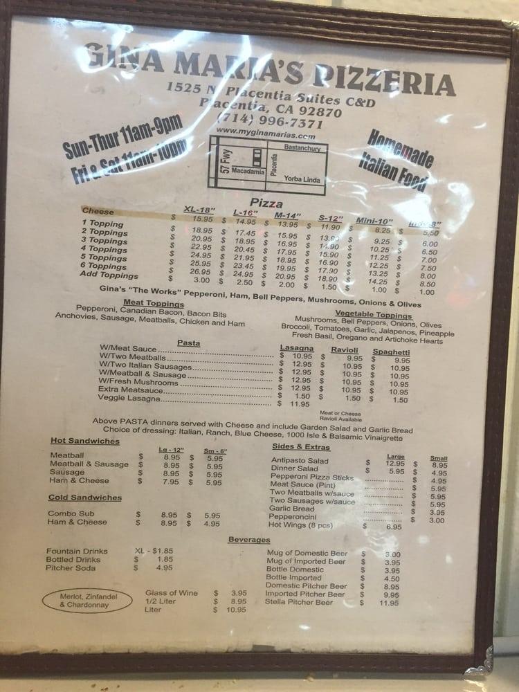 Carta de Gina Maria's Pizzeria, Placentia