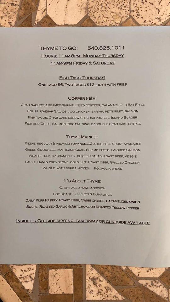 Menu at It's About Thyme restaurant, Culpeper