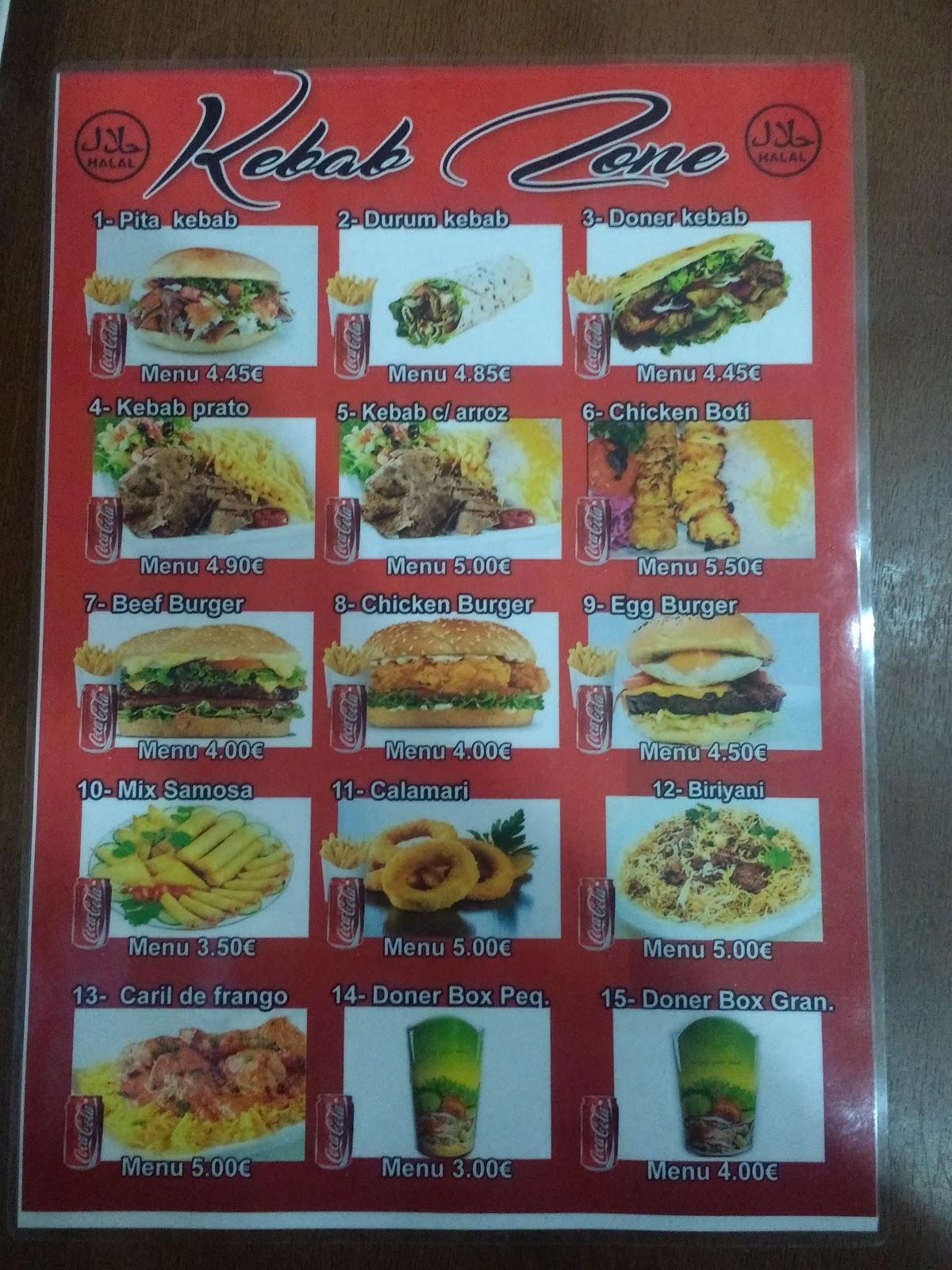 Menu at Kebab zone restaurant, Lisbon