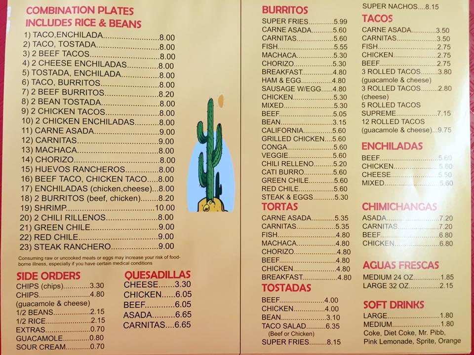 Menu at Adolfo's Taco Shop restaurant, Willcox, 910 W Rex Allen Dr