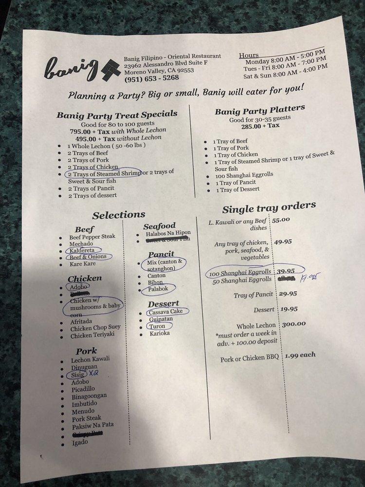 Menu at Banig Restaurant, Moreno Valley, Alessandro Blvd STE F