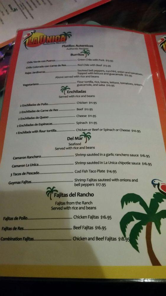 Menu at La Unica restaurant, Colorado Springs