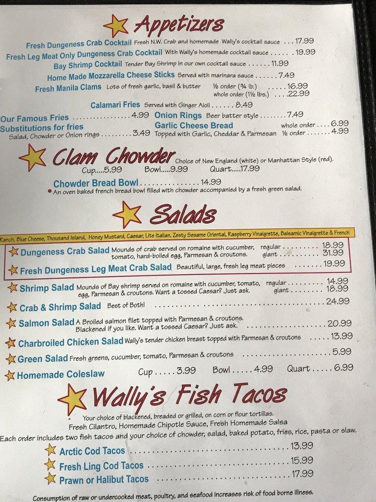 Menu at Wally's Chowder House Broiler restaurant, Des Moines