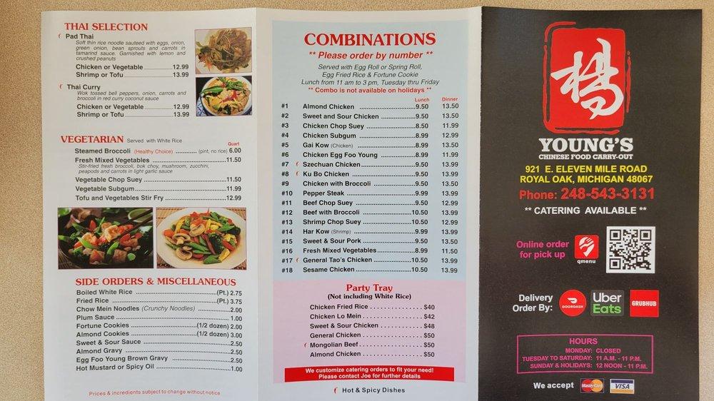 Menu at Young's Chinese Food Carryout restaurant, Royal Oak