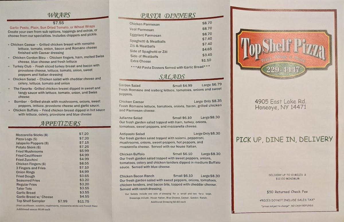 Menu at Top Shelf Pizza pizzeria, Honeoye