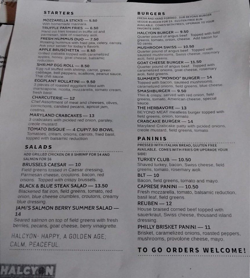 Menu at Harbor Halcyon restaurant, Ashtabula