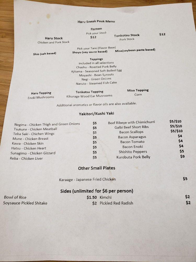 Menu at Haru restaurant, Reno