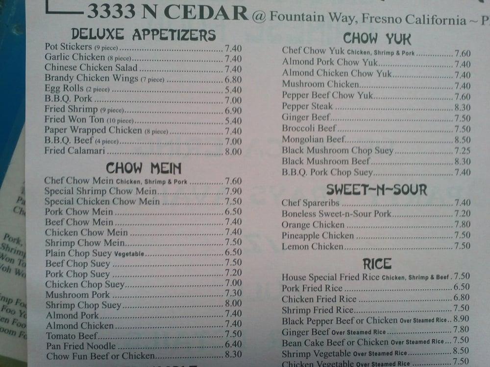 Menu at Chan's Chinese Food restaurant, Fresno