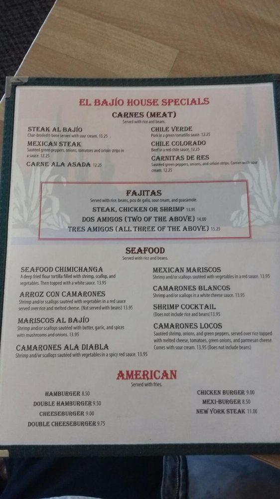 Menu at El Bajio restaurant, Enterprise