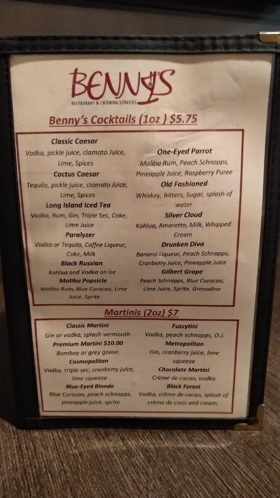 Menu at Benny's Restaurant, Brandon