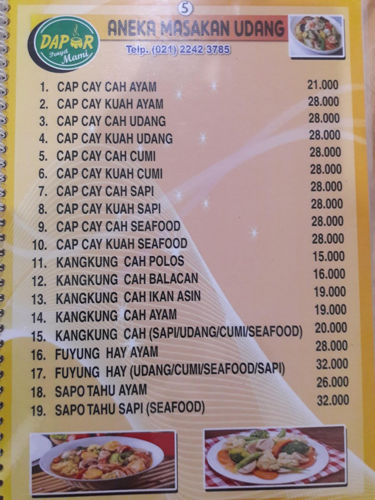 Menu at Dapur Penyet Mami restaurant, Central Jakarta