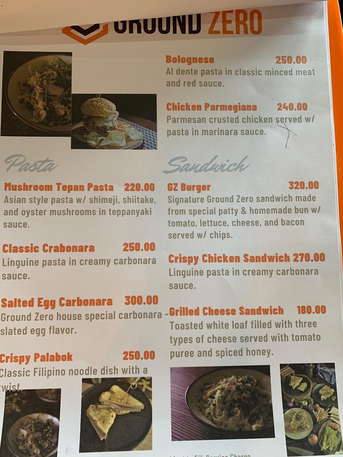 Menu at Ground Zero Restaurant, Dumaguete