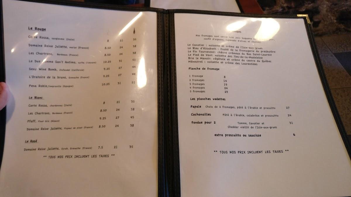 Menu au Bistrot Pape (Le) pub et bar, Québec